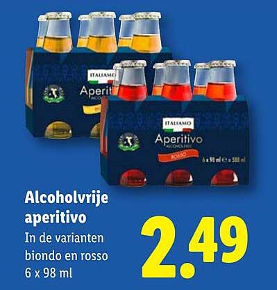 Alcoholvrije aperitivo In de varianten biondo en rosso 6 x 98 ml
