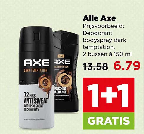 Alle Axe Prijsvoorbeeld: Deodorant bodyspray dark temptation, 2 bussen à 150 ml 1+1 GRATIS