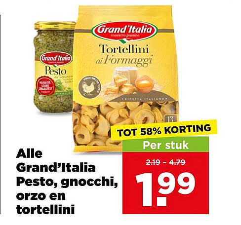 Alle Grand’Italia Pesto, gnocchi, orzo en tortellini TOT 58% KORTING