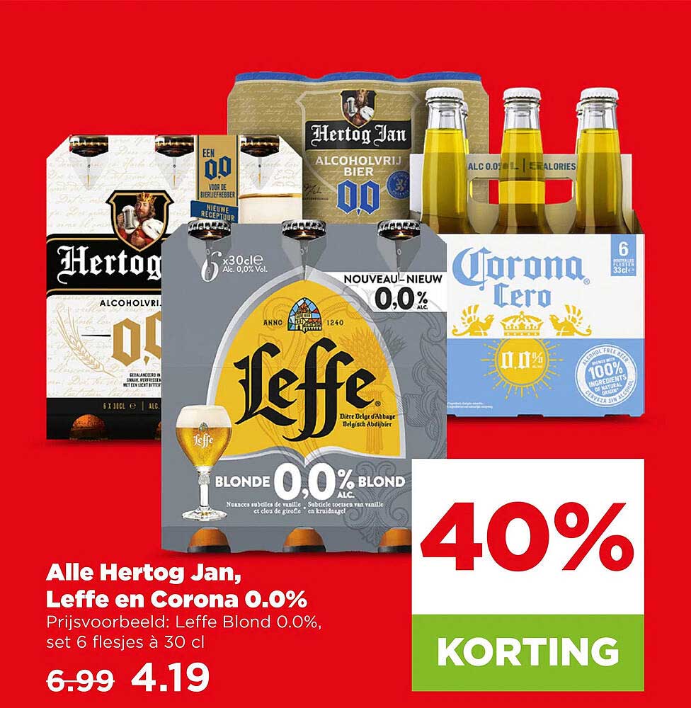 Alle Hertog Jan, Leffe en Corona 0.0% 40% KORTING