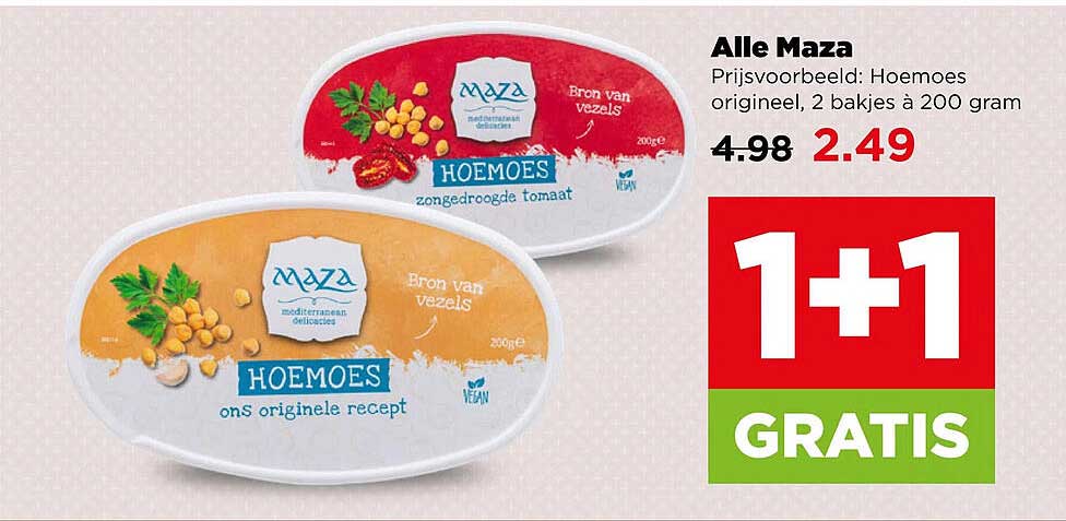 Alle Maza Prijsvoorbeeld: Hoemoes origineel, 2 bakjes à 200 gram 1+1 GRATIS