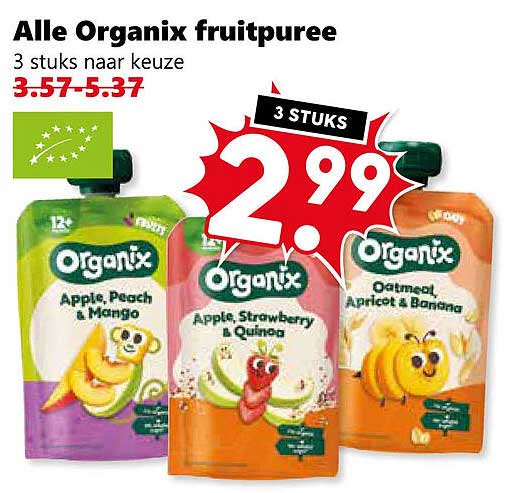 Alle Organix fruitpuree 3 stuks naar keuze 3 STUKS