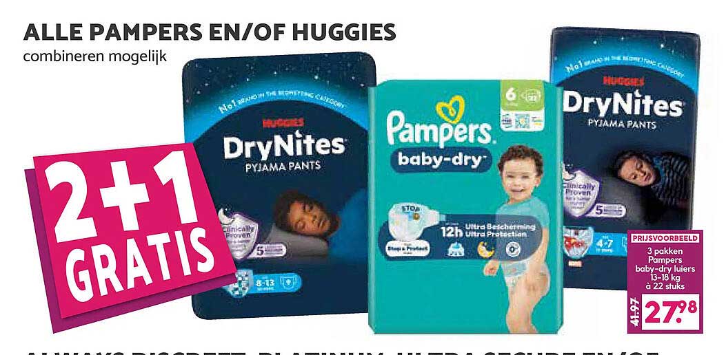 ALLE PAMPERS EN/OF HUGGIES combineren mogelijk 2+1 GRATIS
