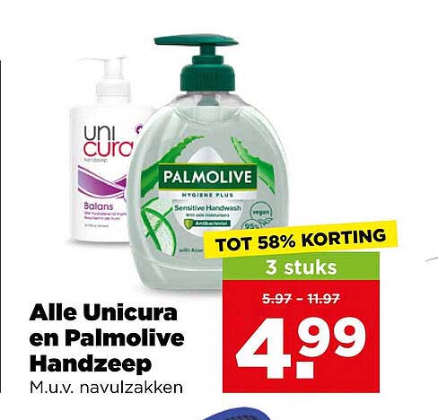 Alle Unicura en Palmolive Handzeep M.u.v. navulzakken TOT 58% KORTING 3 stuks