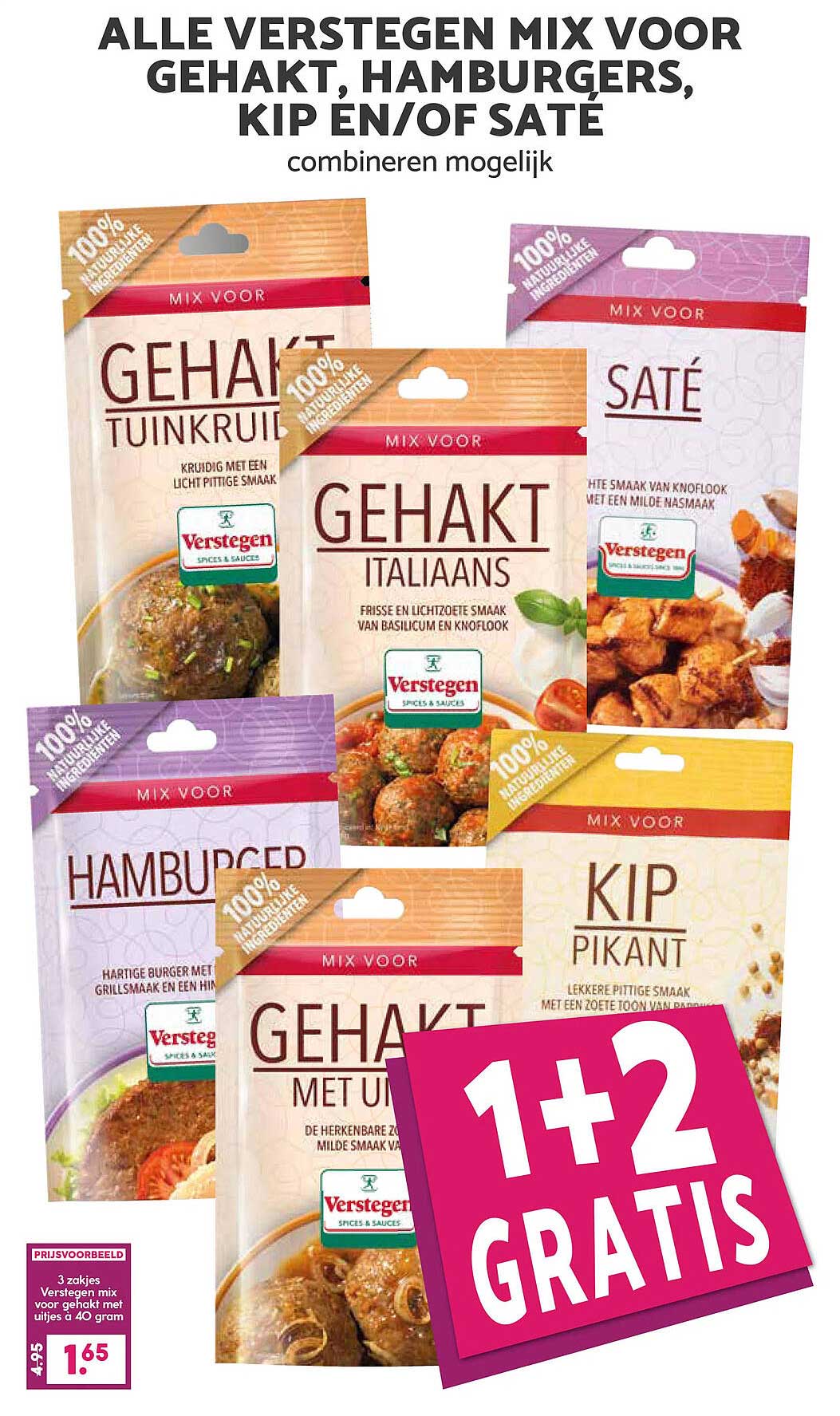 Alle Verstegen mix voor gehakt, hamburgers, kip en/of saté combineren mogelijk 1+2 gratis