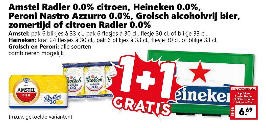 Amstel Radler 0.0% citroen, Heineken 0.0%, Peroni Nastro Azzurro 0.0%, Grolsch alcoholvrij bier, zomertijd of citroen Radler 0.0% 1+1 GRATIS