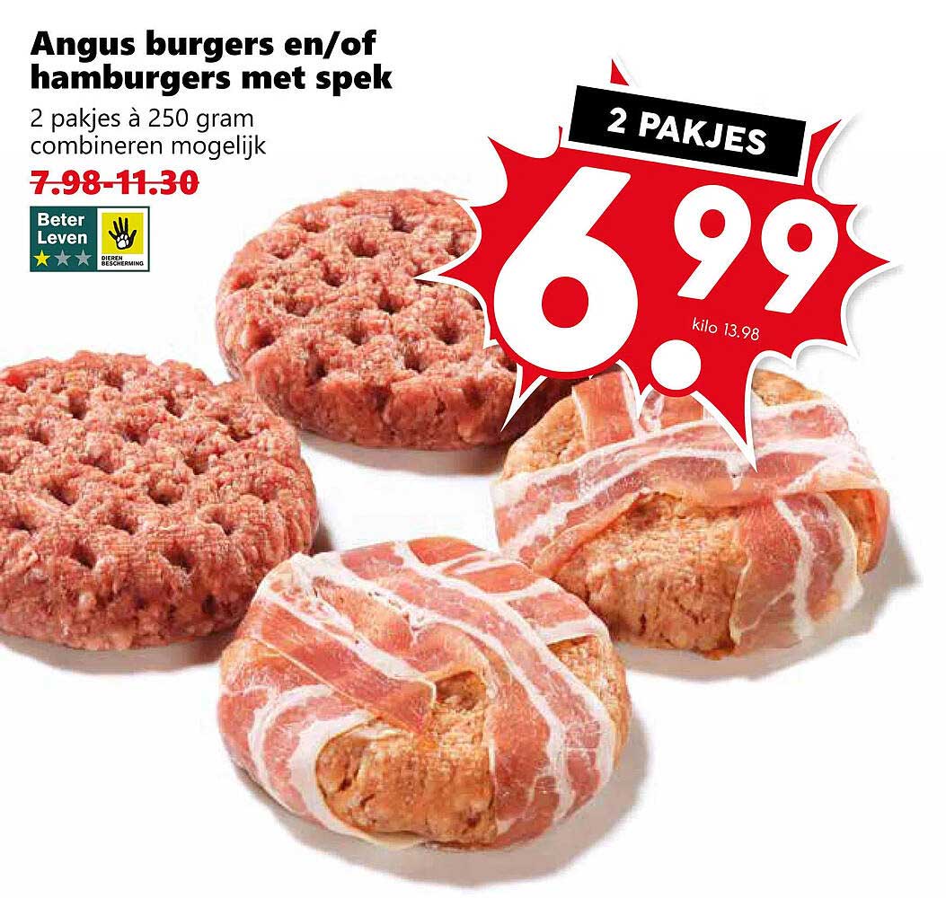 Angus burgers en/of hamburgers met spek 2 pakjes à 250 gram combineren mogelijk 2 PAKJES