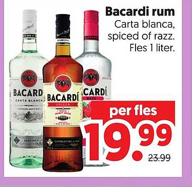 Bacardi rum Carta blanca, spiced of razz. Fles 1 liter. per fles