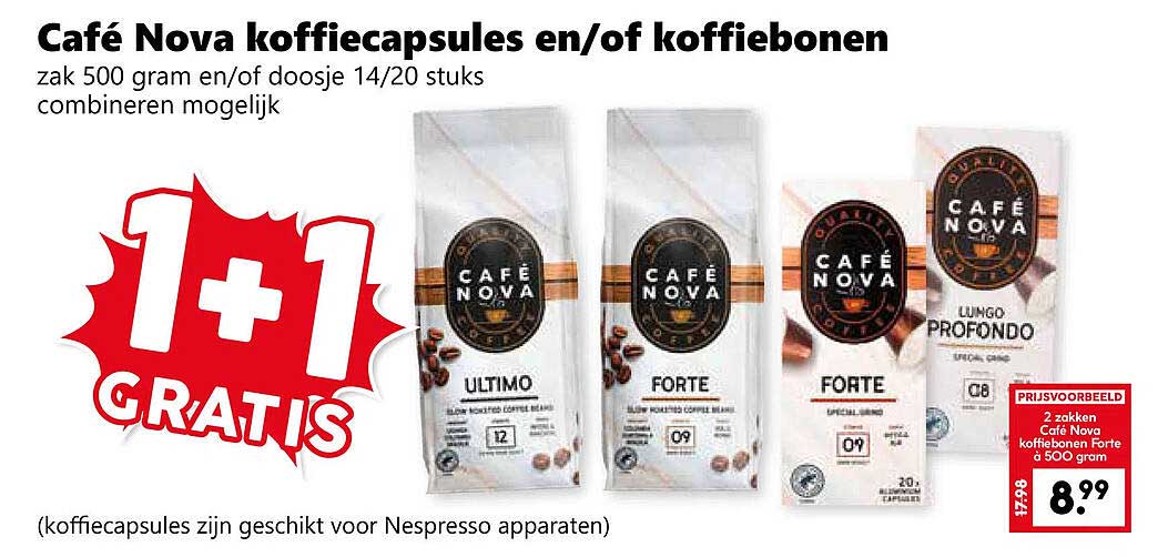 Café Nova koffiecapsules en/of koffiebonen 1+1 gratis