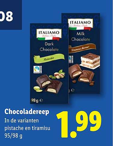 Chocoladereep In de varianten pistache en tiramisu 95/98 g