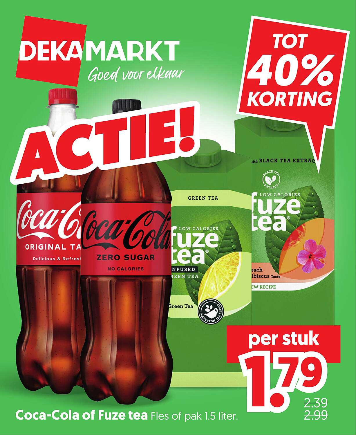 Coca-Cola of Fuze tea Fles of pak 1.5 liter. ACTIE! TOT 40% KORTING