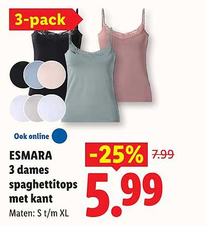 ESMARA 3 dames spaghettitops met kant -25%