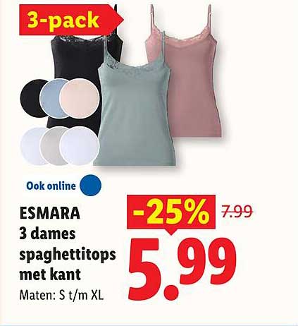ESMARA 3 dames spaghettitops met kant 3-pack