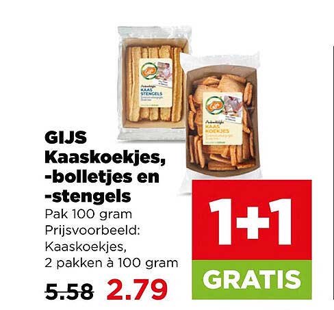 GIJS Kaaskoekjes, bolletjes en -stengels 1+1 GRATIS