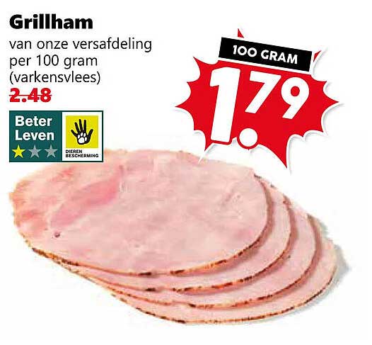 Grillham van onze versafdeling per 100 gram (varkensvlees)