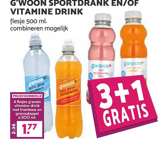 G’woon sportdrank en/of vitamine drink flesje 500 ml combineren mogelijk 3+1 GRATIS