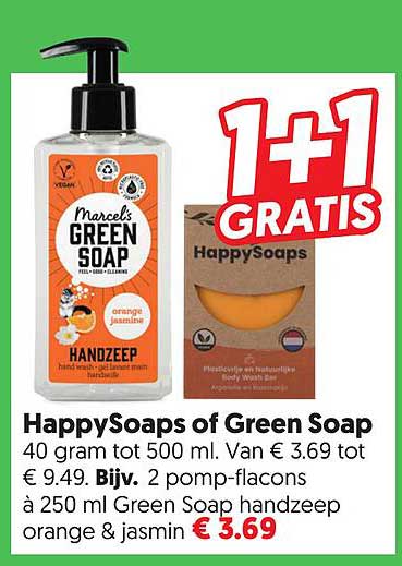 HappySoaps of Green Soap 40 gram tot 500 ml. Van € 3.69 tot € 9.49. Bijv. 2 pomp-flacons à 250 ml Green Soap handzeep orange & jasmijn 1+1 gratis