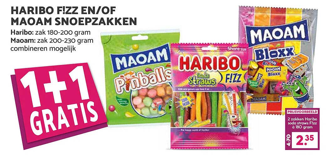 HARIBO F!ZZ EN/OF MAOAM SNOEPZAKKEN 1+1 GRATIS