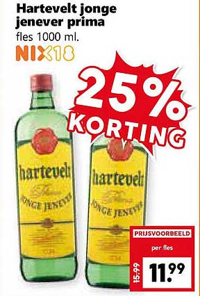 Hartevelt jonge jenever prima fles 1000 ml. NIX18 25% KORTING