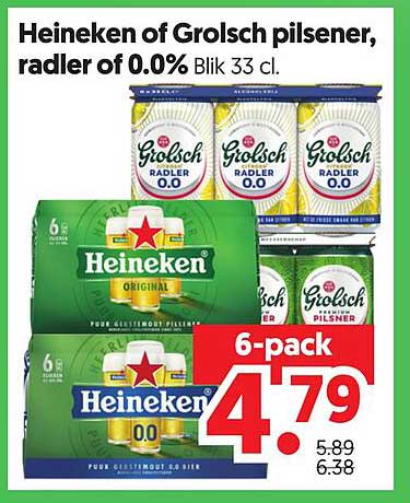 Heineken of Grolsch pilsener, radler of 0.0% Blik 33 cl.