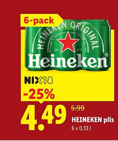 Heineken pils 6 x 0,33 l 6-pack NIX18 -25%