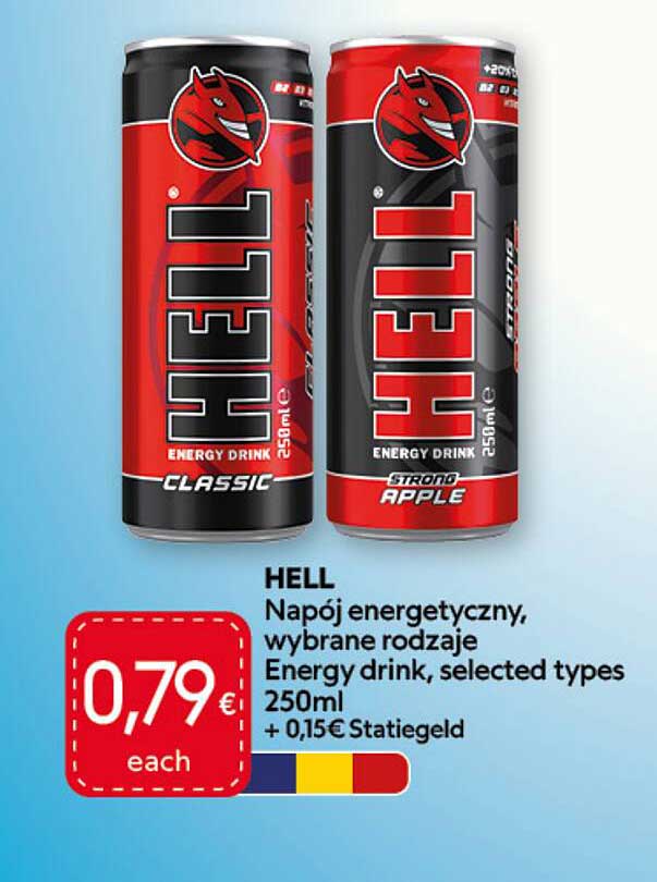 HELL Napój energetyczny, wybrane rodzaje Energy drink, selected types 250ml + 0,15€ Statiegeld