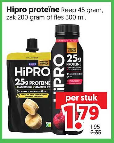 Hipro proteïne Reep 45 gram, zak 200 gram of fles 300 ml.
