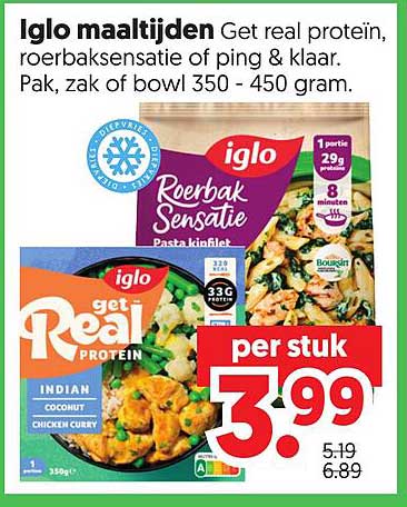 Iglo maaltijden Get real protein, roerbaksensatie of ping & klaar. Pak, zak of bowl 350 - 450 gram.