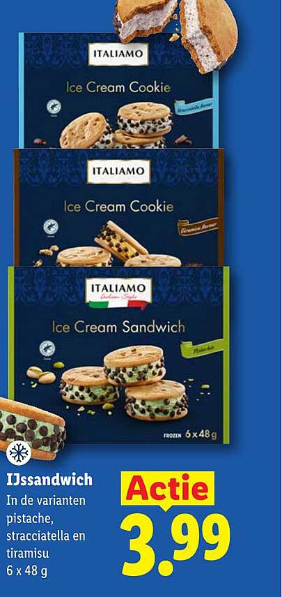 Ijssandwich In de varianten pistache, stracciatella en tiramisu 6 x 48 g Actie