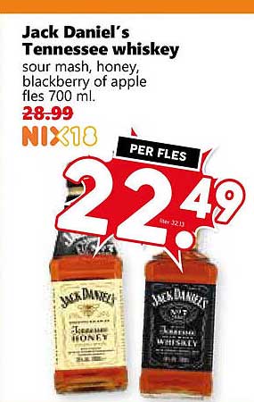 Jack Daniel’s Tennessee whiskey sour mash, honey, blackberry of apple fles 700 ml. NIX18 PER FLES