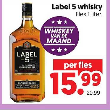 Label 5 whisky Fles 1 liter. WHISKEY VAN DE MAAND per fles
