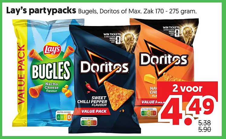 Lay's partypacks Bugles, Doritos of Max. Zak 170 - 275 gram. 2 voor