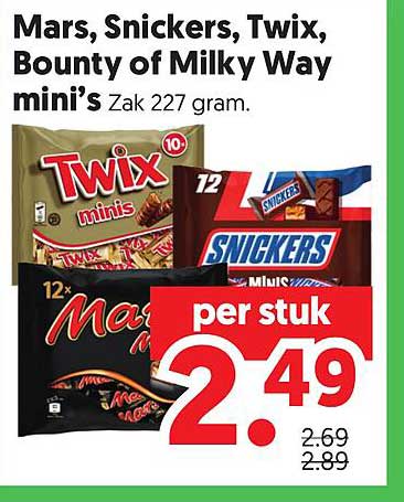Mars, Snickers, Twix, Bounty of Milky Way mini's Zak 227 gram