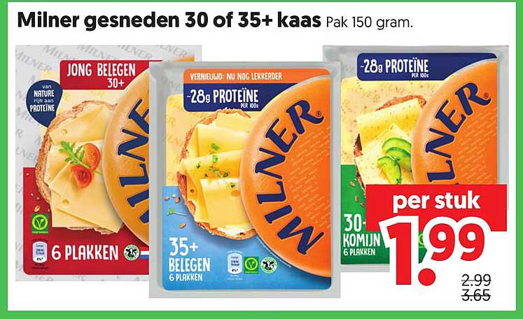 Milner gesneden 30 of 35+ kaas Pak 150 gram.