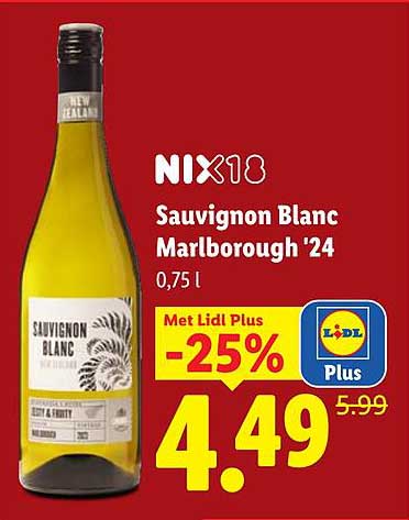 NIX18 Sauvignon Blanc Marlborough '24 0,75 l Met Lidl Plus -25%