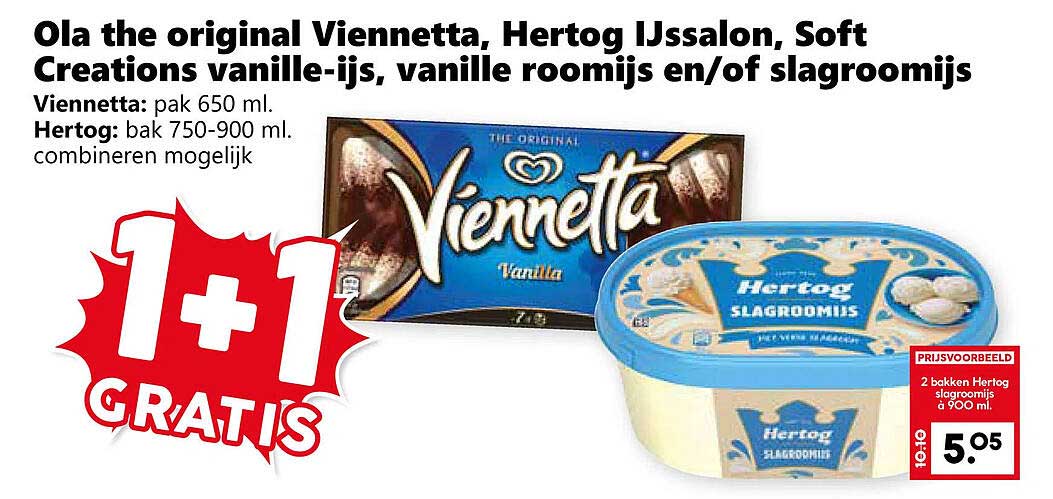 Ola the original Viennetta, Hertog IJssalon, Soft Creations vanille-ijs, vanille roomijs en/of slagroomijs 1+1 GRATIS