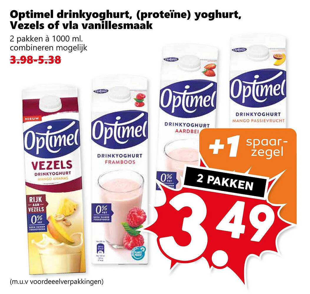 Optimel drinkyoghurt, (proteïne) yoghurt, Vezels of vla vanillesmaak 2 pakken à 1000 ml. combineren mogelijk +1 spaarzegel 2 pakken