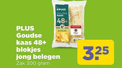 PLUS Goudse kaas 48+ blokjes jong belegen Zak 300 gram