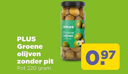 PLUS Groene olijven zonder pit Pot 220 gram