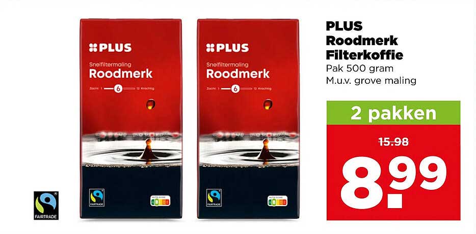 PLUS Roodmerk Filterkoffie Pak 500 gram M.u.v. grove maling 2 pakken