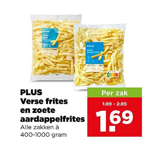 PLUS Verse frites en zoete aardappelfrites Alle zakken á 400-1000 gram