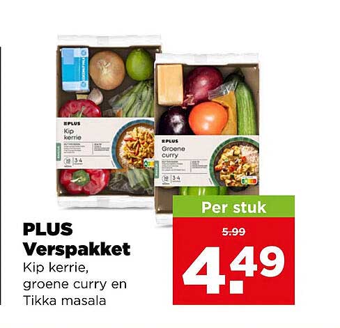 PLUS Verspakket Kip kerrie, groene curry en Tikka masala