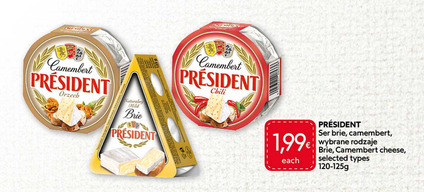 PRÉSIDENT Ser brie, camembert, wybrane rodzaje Brie, Camembert cheese, selected types 120-125g