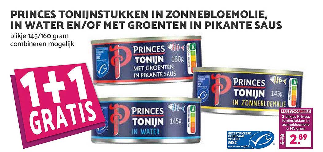 PRINCES TONIJNSTUKKEN IN ZONNEBLOEMOLIE, IN WATER EN/OF MET GROENTEN IN PIKANTE SAUS 1+1 GRATIS