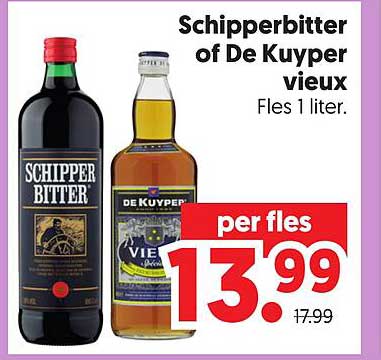 Schipperbitter of De Kuyper vieux Fles 1 liter.