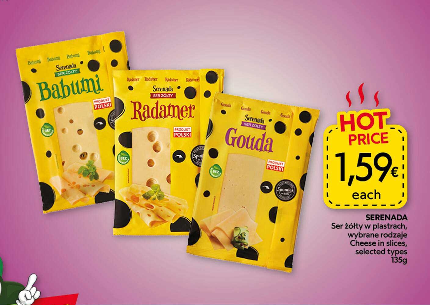 SERENADA Ser żółty w plastrach, wybrane rodzaje Cheese in slices, selected types 135g