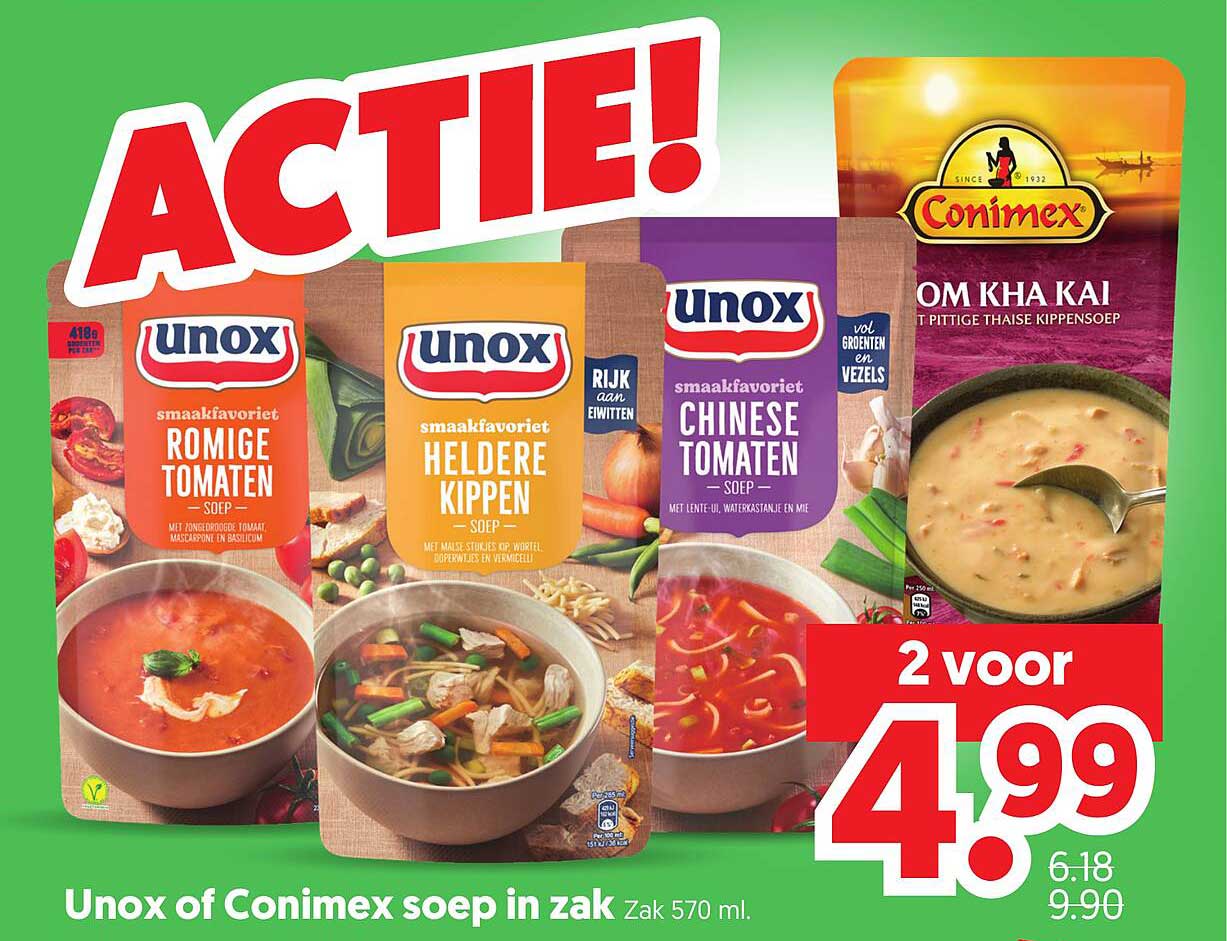 Unox of Conimex soep in zak 2 voor 4.99