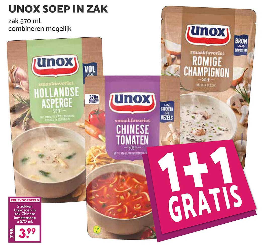 UNOX SOEP IN ZAK 1+1 GRATIS