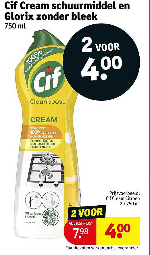 Cif Cream schuurmiddel en Glorix zonder bleek 750 ml 2 voor 4.00
