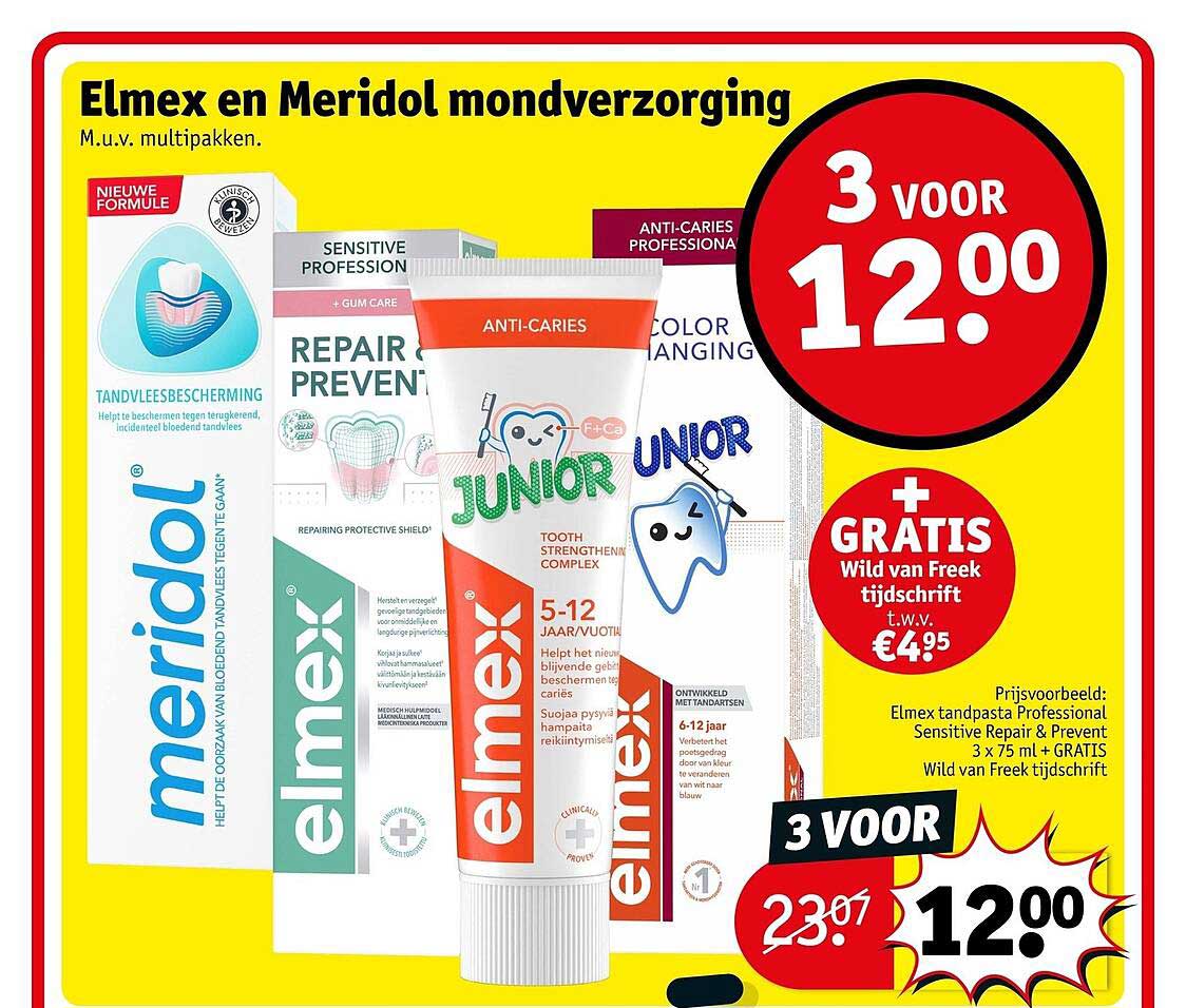 Elmex en Meridol mondverzorging 3 voor 12.00 + GRATIS Wild van Freek tijdschrift